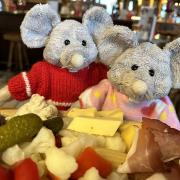 Whiskers Mouse celebrating Bella's birthday in Austria with a cheese board.