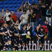 Harverfordwest County celebrate a goal in the Europa Conference League. Picture: SIMON GALLOWAY/PA