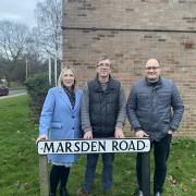 Cllr Gemma Moore, Peter Lowe and Cllr Michal Siewniak with a restored street sign
