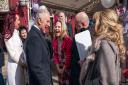 The Prince of Wales with Kellie Bright, Steve McFadden and Letitia Dean during a visit to the set of EastEnders at the BBC Elstree studios in Hertfordshire.