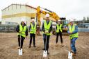 Pictured at the building site of the new soundstages at Elstree Studios are, from left to right, Roger Morris, David Conway, Culture Secretary Oliver Dowden, Kevin Church, senior project manager of R. G. Carter, and Cllr Bright MBE. The George Lucas