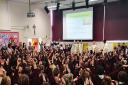 Students and staff at St Philip Howard School join in the 60th birthday celebrations. Picture: St Philip Howard