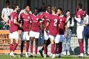 Dejon Noel-Williams (fourth from the left) hit a hat-trick for Potters Bar Town in the win over Folkestone Invicta.