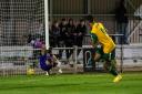Ashley Hay scores for Hitchin Town against Welwyn Garden City in the Herts Senior Cup.