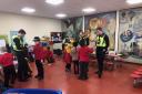 PCs Andrew Dockerill, Peter Hulley, Dan Moakes and Kelly-Jay Pettersson, from the Welwyn Hatfield Safer Neighbourhood Team, visited Hatfield's  Birchwood Avenue Primary School  as part of their community engagement duties.