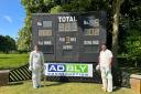 Louis Champion and Charlie Randall stand proudly by the scoreboard after their memorable knocks. Picture: KNEBWORTH PARK CC
