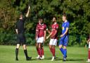 Tyler Christian-Law of Potters Bar Town is sent off during the FA Cup tie with Romford.