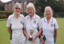 Grace Osborn, winner of the Debut Cup (centre) at Potters Bar Bowls Club with runner up Ann Harrison (left) and marker Brenda Woodman.