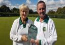 Welwyn & District Bowls Club captains Jenny Hart and Paddy Jones with the Welwyn Hatfield Tournament trophy for 2022.