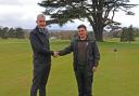 Brookmans Park Golf Club's Trevor Smith shakes hands with new head greenkeeper Oliver Clark. Picture: BRIAN HALL