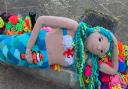 A mermaid in the 'Under the Sea' Summer Yarnbomb in Hertford town centre by the Secret Society of Hertford Crafters.