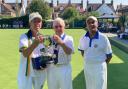 Gus Edwards of Shire Park receives his trophy from district president Gordon Burrows. Picture: SHIRE PARK BC