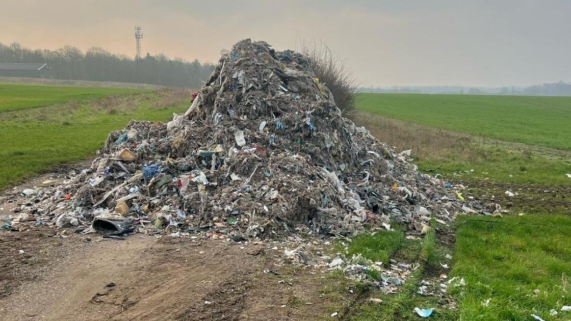 Huge fly-tipping rubbish pile dumped near Watton at Stone 