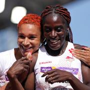 Jodie Williams (left) and England team-mate Victoria Ohuruogu celebrate winning bronze and silver at the 2022 Commonwealth Games in Birmingham.