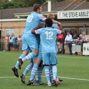 Welwyn Garden City celebrate during their win at Cirencester Town.