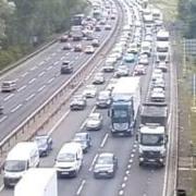 A traffic camera capture from the M1 northbound near Luton at 2.38pm today (June 2)