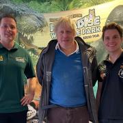 Boris Johnson with stars of CBBC's One Zoo Three, Tyler and Cam Whitnall, at Paradise Wildlife Park.