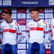 Oli Stockwell (second from right) lines up with his GB team-mates prior to the start of stage one of the 2021 Tour of Britain.