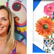 Artist Amy Pettingill and the winning 2021 artwork ‘Flowers in a Granada Vase’ in coloured pencil.