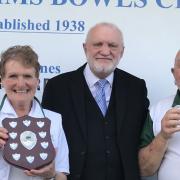 Sue Thurlow and Michael Brennan, the ladies' and men's captains from Potters Bar, either side of Charles Nethercott.