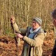 Jeremy Chase, woodland owner, showing volunteers the different types of trees.