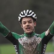 Leon Atkins of Welwyn Wheelers celebrates his victory in the U14 British Cyclo-cross Championship.