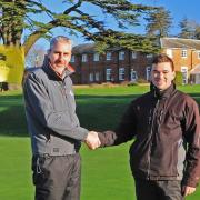 New head greenskeeper Louis Dunn-Allen (right) is welcomed to Brookmans Park by club and course manager Trevor Smith.