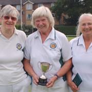Grace Osborn, winner of the Debut Cup (centre) at Potters Bar Bowls Club with runner up Ann Harrison (left) and marker Brenda Woodman.