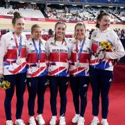 Great Britain's Laura Kenny (second right), Katie Archibald, Neah Evans, Josie Knight and Elinor Barker with their silver medals for the women's team pursuit at the Tokyo 2020 Olympic Games in Japan.