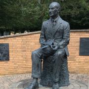 The bronze statue of aviation pioneer Sir Geoffrey de Havilland on the University of Hertfordshire's College Lane Campus in Hatfield.
