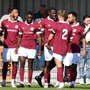Dejon Noel-Williams (fourth from the left) hit a hat-trick for Potters Bar Town in the win over Folkestone Invicta.