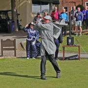 Brian Hall driving off the first tee to start his captain\'s year at Brookmans Park Golf Club.