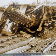 A damaged carriage after the 1935 Welwyn Garden City train crash.