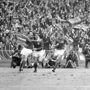 Geoff Hurst celebrates on the Wembley pitch, and you could own the house where some of the turf remains.