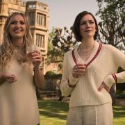 Tilly Keeper as Lady Phoebe and Charlotte Ritchie as Kate in episode 4 of season 4 of You. This scene was filmed at Knebworth House.