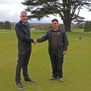 Brookmans Park Golf Club's Trevor Smith shakes hands with new head greenkeeper Oliver Clark. Picture: BRIAN HALL