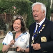 Una Harman and president Terry Atkinson after winning the Ladies Singles Competition 2022. Picture: NORTH MYMMS BC