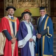Briege Leahy with Professor Damian Ward, left, Dean of Hertfordshire Business School, and Professor John Senior, Pro Vice Chancellor.