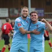 Brad Wadkins (left) celebrates with Bailey Stevenson after scoring the only goal at Thame. Picture: LINDA BABAIE