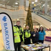 PC Dan Moakes and PCSO Amy Martin hosted a stall in the Howard Centre, Welwyn Garden City, and were joined by staff from Barclays.