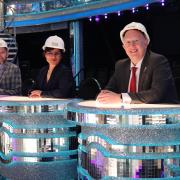 Hertsmere Mayor Cllr Chris Myers, from Elstree Studios Board, Shadow Secretary of State for Culture, Media and Sport, Thangam Debbonaire, and the leader of Hertsmere Borough Council, Cllr Jeremy Newmark, at the Strictly set at Elstree Studios.