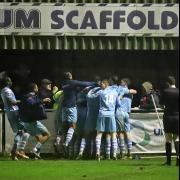 Welwyn Garden City celebrate the late winner against Leighton Town. Picture: PETER SHORT