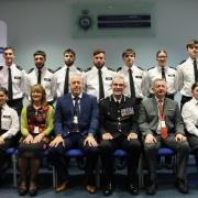 Chief Constable Charlie Hall (front row, centre) with Hertfordshire's new officers and their trainers.