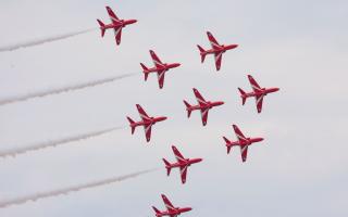 A flight display from the RAF Red Arrows.